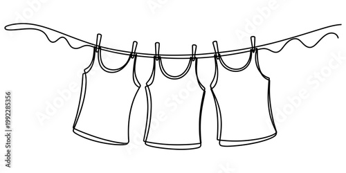 Continuous line drawing of three tank tops hanging on a clothesline with clothespins in black Vector, illustration