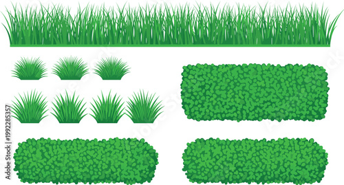 Green Grass and Bush Elements Collection with Lawn Borders and Garden Hedge Plants for Nature Landscape Design, Outdoor Vector Illustration Set