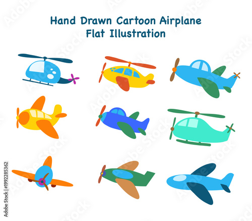 Hand Drawn Cartoon Airplane Flat Illustration Element Vector Set