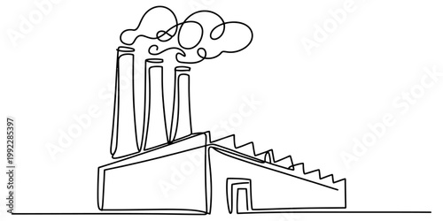 Continuous line drawing of a factory with three smokestacks and smoke clouds against a white background. Vector, illustration
