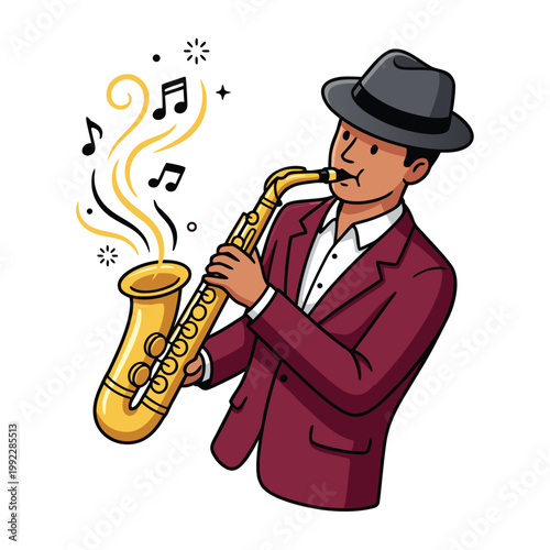 Illustration of a Jazz Musician Playing Saxophone with Musical Notes.