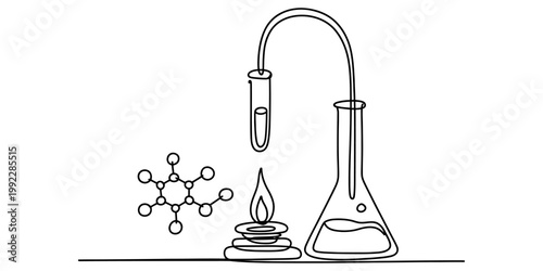 One line drawing of a chemistry experiment with a flask, test tube, burner, and molecule. Vector, illustration