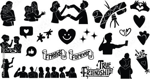 Black silhouettes of friends and friendship symbols on white background representing true friendship and companionship concepts