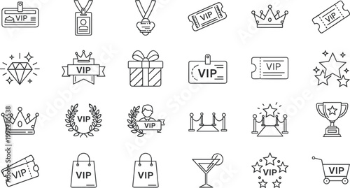 Exclusive VIP icons with badges, crowns, diamonds, tickets, trophies, luxury symbols, black‑and‑white line vector illustration design