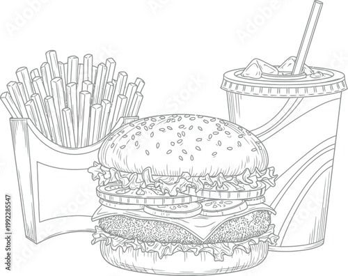 Detailed hand drawn sketch illustration featuring a tasty cheeseburger served with crispy potato fries and a cold soda drink to represent a popular fast food meal for coloring book page projects