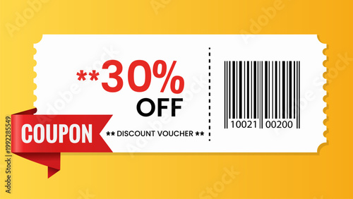 30 percent discount coupon with barcode and red ribbon on yellow background