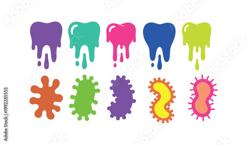 Colorful illustration of melting teeth and vibrant microbes, abstract concept of dental health and bacteria, playful and educational mood.