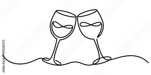 Continuous line drawing of two wine glasses clinking together in a celebratory toast Vector, illustration