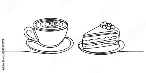 Minimalist one line art illustration of a hot cup of coffee with latte art and a cake slice. Vector, illustration