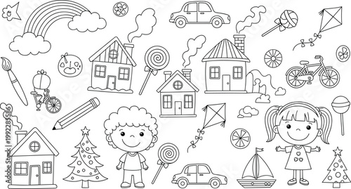 Playful children’s coloring page with houses, cars, rainbow, sailboat, kites, candies, pencil, paintbrush, cheerful creative black‑and‑white design
