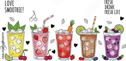 Colorful fruit smoothies with lemon, strawberry, carrot, kiwi, blueberry, decorated glasses, healthy beverage vector illustration with playful design