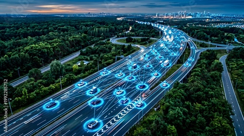 Connected autonomous cars driving on smart highway at night.