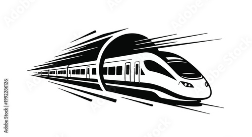 Train moves at high speed through a tunnel in this minimalist graphic illustration.