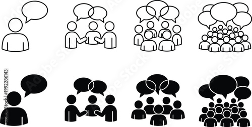 Collection of stylized icons depicting communication and discussion from one person speaking to a large crowd
