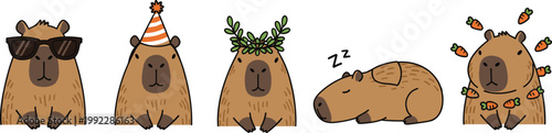 Funny cartoon capybaras with sunglasses, party hat, leafy crown, sleeping pose, carrots, playful cute animal illustration design