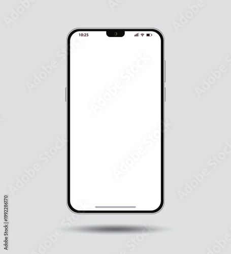 Modern smartphone mockup with blank screen, isolated on light background with soft shadow. Minimal mobile device template for app presentation and UI design. Vector illustration