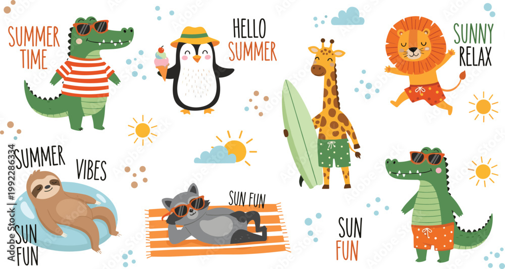 Obraz premium Playful cartoon animals enjoying summer activities with sunglasses, surfboards, ice cream, pool floats, cheerful seasonal vacation illustration design