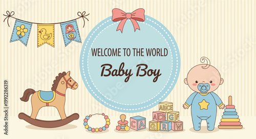 Welcome to the World Baby Boy Greeting Card Template with Cute Infant Character Rocking Horse ABC Blocks and Toys for Shower Invitations and Announcements