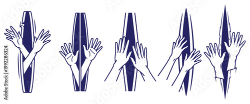 Hands reaching through crack in wall demonstrating struggle confinement and effort to escape.