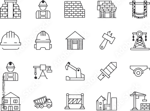 Construction and industrial engineering icons depicting buildings machinery tools and site workers.