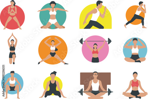 Fitness Pose Avatar Set  12 Minimal Athletic Icons in Colored Circular Backgrounds
