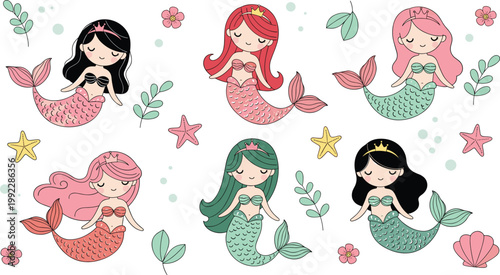 Whimsical cartoon mermaids with colorful tails, crowns, seashells, starfish, bubbles, underwater fantasy illustration for creative design