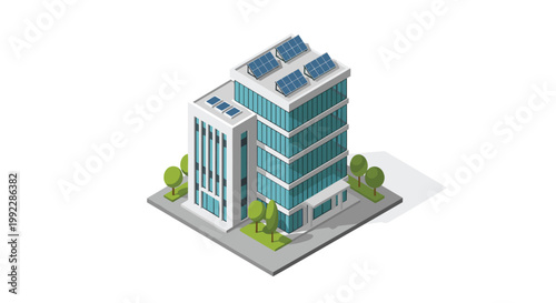 A tall rectangular isometric skyscraper featuring reflective blue glass facades and multiple rooftop solar panels stands on a clean grey paved foundation.