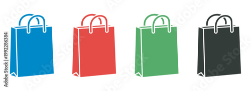 Vertical shopping bag icons, colorful retail handle bag symbols, professional commerce, modern flat design, ecommerce branding, marketing graphics, isolated set