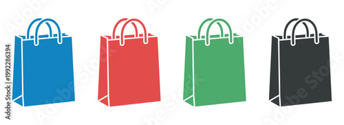 Vertical shopping bag icons, colorful retail handle bag symbols, professional commerce, modern flat design, ecommerce branding, marketing graphics, isolated set