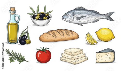 Hand drawn Mediterranean food vector set with olives fish lemon and organic ingredients
