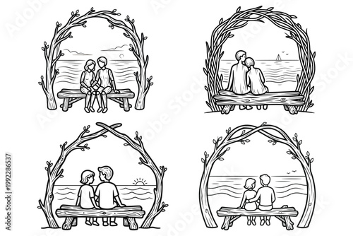 Romantic couple sitting on wooden bench under natural tree archway overlooking calm ocean sunset beach scenery sketch.