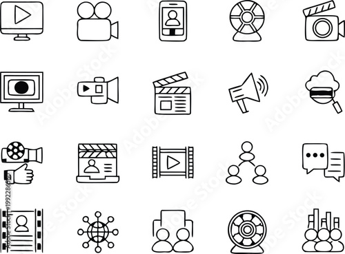 Video and media production line icons set. film, camera, editing, and content creation symbols.