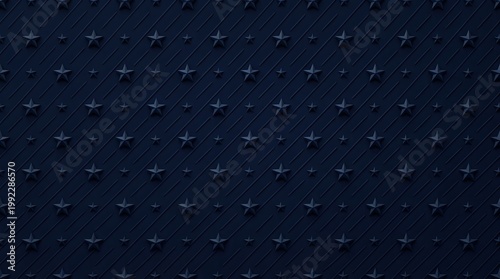 Dark blue background with diagonal stripes and embossed stars pattern.