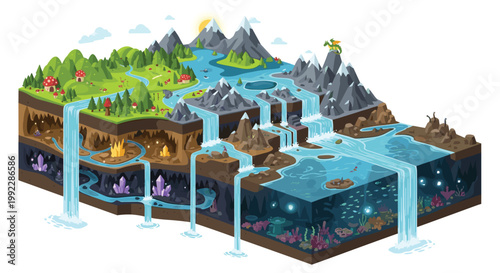 A complex cross-section of a fantasy world reveals snowy peaks, lush forests, deep crystal caves, and a vibrant coral reef beneath the deep blue water.
