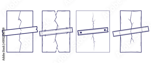 Cracked surface repaired with wooden plank and tape showing mending and reinforcement concept.
