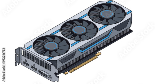 This high-performance computer graphics card features three large cooling fans and sleek blue decorative lighting accents across its metallic shroud.