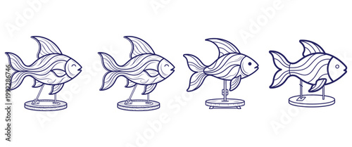 Stylized fish sculptures on stands showcasing decorative art and aquatic theme variations.