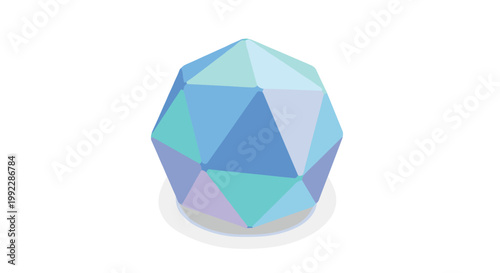 Elegant geometric sphere showcases soft triangular facets in a palette of pastel blue and purple tones with gentle gradients and subtle shadows on white.