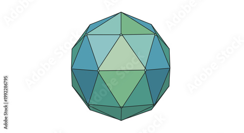 Intricate geometric sphere displays a multifaceted surface of teal and green triangles defined by sharp black outlines against a stark white background.