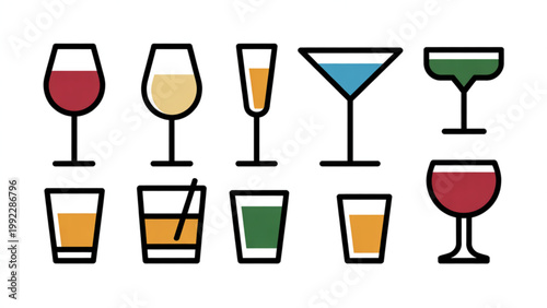 Modern Wine & Cocktail Glass Outline Icon Set Minimal Bar Drink Collection