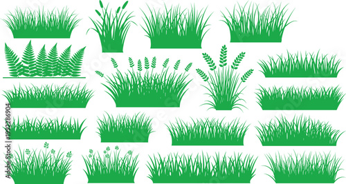 Green Grass Silhouette Collection with Various Lawn and Meadow Plant Shapes for Nature Landscape Design, Decorative Vector Illustration Set