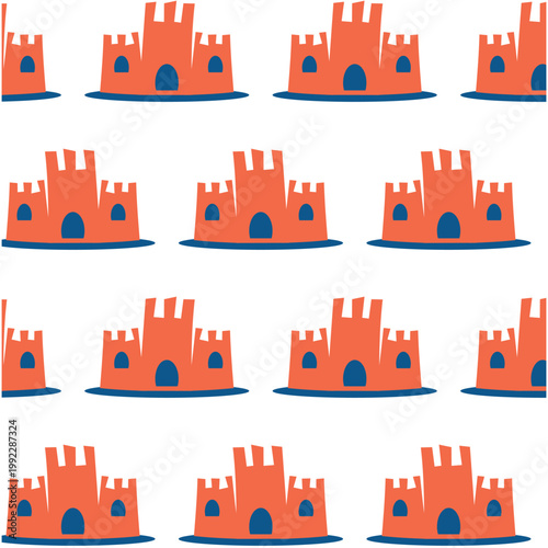 Sandcastle seamless pattern. Vector nautical background with repeating orange sand towers on white, marine wallpaper for summer textile, kids apparel and beach decor.