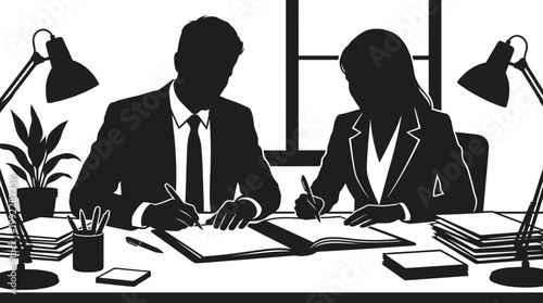 Business professionals working at office desk with silhouette vector illustration