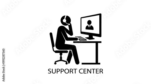 Vector silhouette of a support center agent working at a desk with a computer and headset.