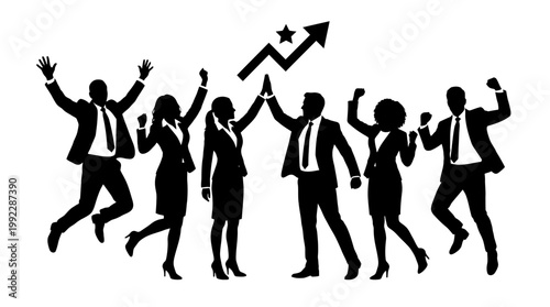 Business people celebrate success with vector silhouette of rising graph and star