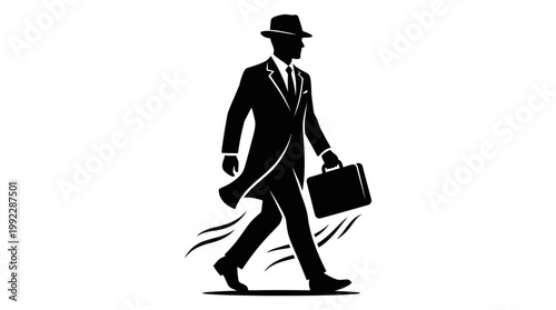 A silhouette of a businessman in a suit and hat walks quickly with a briefcase vector illustration.