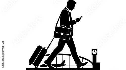 Businessman walks with luggage and phone in silhouette vector style at airport