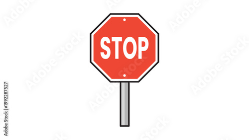 Tableau sur toile Stop Sign Vector Icon: A modern flat illustration on a white background representing a red octagonal traffic stop sign on a metal pole with editable stroke for customizable line weight