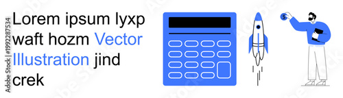 Business strategy, innovation, education, space exploration, technology, corporate development. A calculator, a rocket and a professional figure holding a globe. Business strategy and innovation