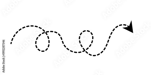 Long dashed curved line arrow icon. Arrow follows a wavy path with a loop, indicating a route, direction, or an indirect journey